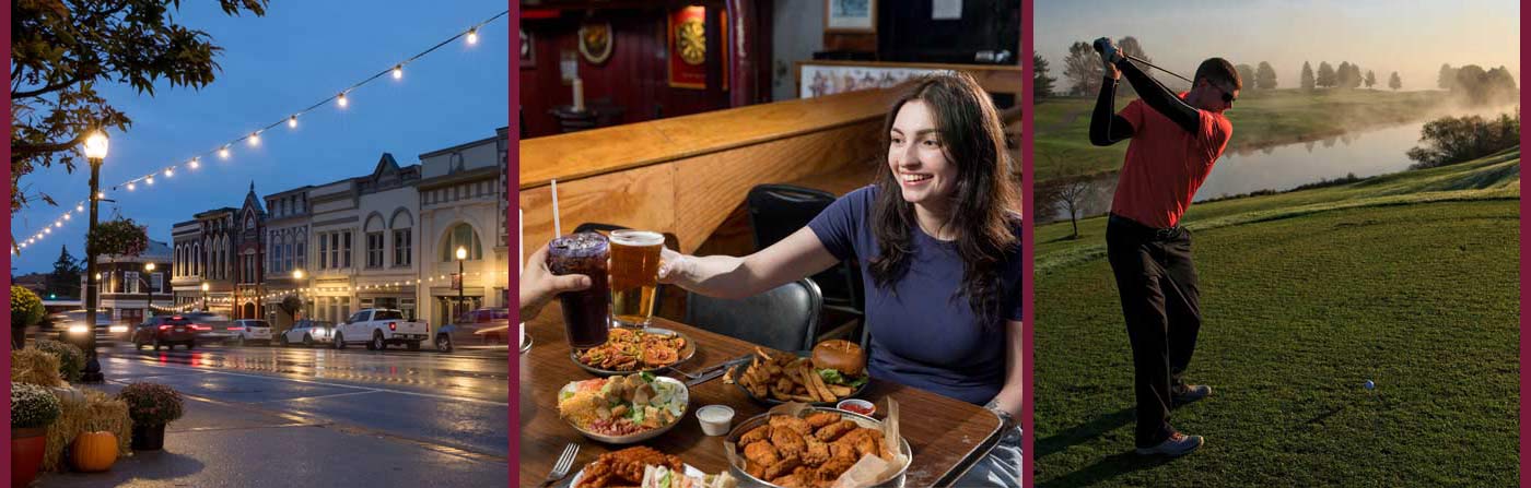 Images of downtown Richmond, KY, two people enjoying a local eatery, and a man enjoying the golf course