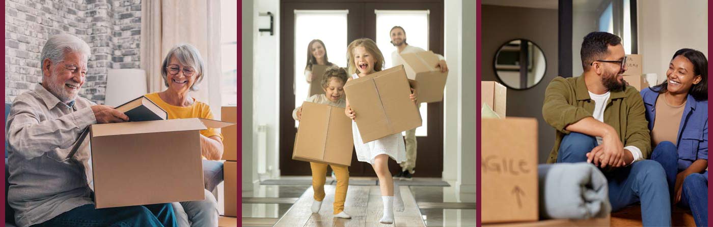 An older couple unpacking boxes, a family of four moving into a new home, and a couple unloading boxes ina new home
